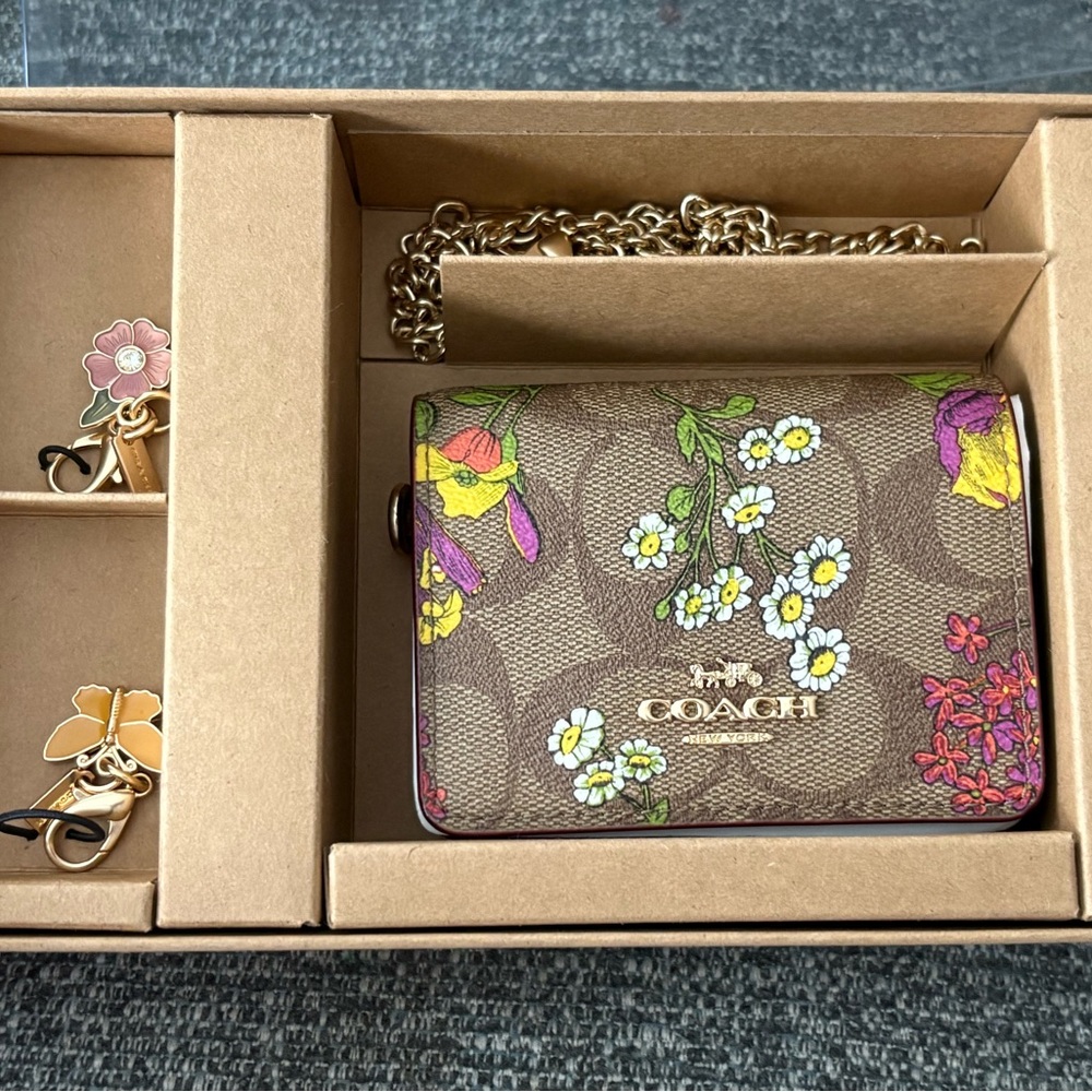 Coach Brown Floral Signature Chain Wallet with Gold Hardware